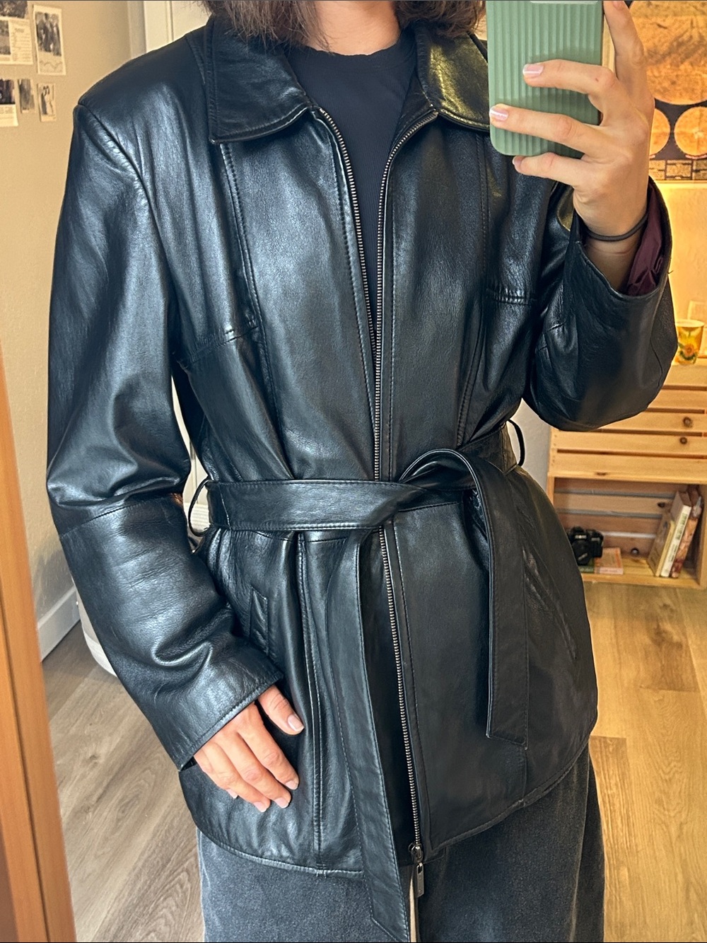 Classic Black Leather Belted Jacket - pelle studio Wilsons leather